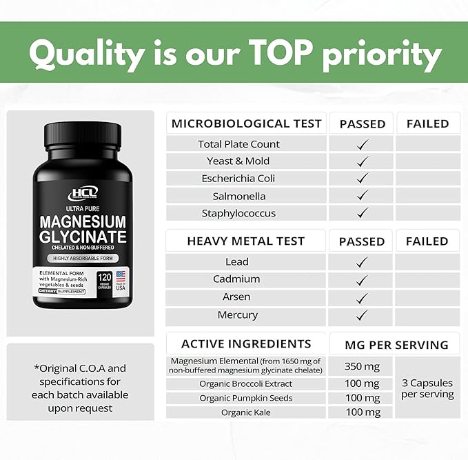 Pure Magnesium Glycinate Capsules - Non-Buffered 350mg Elemental Magnesium Supplement - Chelated High Absorption & Purity Magnesium Complex - Made in USA
