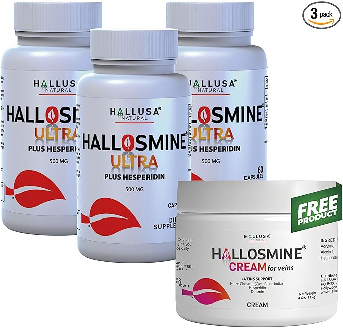 Hallosmine Ultra Diosmin 500mg & Hesperidin 150mg + Free Cream for Veins – Circulation & Vein Wellness – Heavy Legs, Tired Legs, Visible Veins – 180 Capsules (3 Bottles) + 4 oz Cream