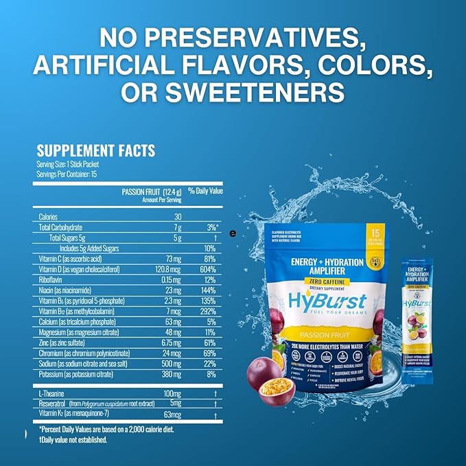 Electrolytes Powder Packets with 13 Essential Nutrients, Improve Energy & Focus, 100mg L-Theanine Nootropics, Non-GMO, Vegan, Gluten Free, Passion Fruit Drink Mix, 15 Sticks
