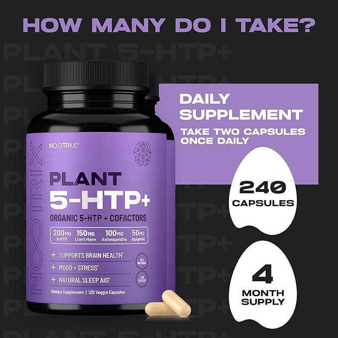 Organic Plant 5 HTP+ Supplement | Supports Memory, Mental Focus, Cognitive Health & Energy | Promotes Healthy Mood & Brain Function | Vitamin B6 & L Theanine | 240 Capsules