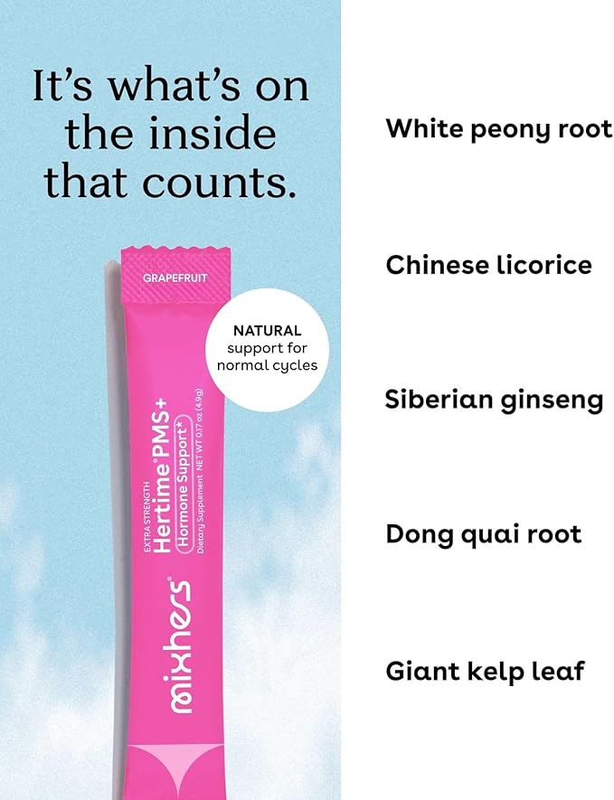 Extra Strength Hertime PMS+ Hormone Balance for Women - PMS & Menstrual Relief - Minerals, Peony Roots, Siberian Ginseng - Supplement for Women - 15 Drink Packets - Sugar Free - Grapefruit
