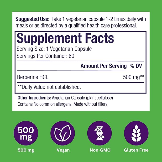 Paradise Herbs, Berberine Extract, 500 mg, Pure & Potent Berberine Supplement, Vegan, Non-GMO, Gluten Free, 60 Vegetarian Capsules