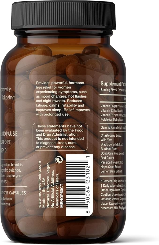 More. Longevity & Wellbeing Menopause Support Supplements for Women | Vegan, Hormone-Free & Gluten-Free | Natural Extracts for Hot Flashes, Night Sweats & Hormonal Balance – 60 Caps