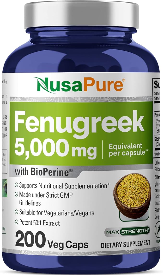 NusaPure Fenugreek Capsules, 50:1 Extract, 100 mg Equivalent to 5,000mg, 200 Veggie Caps, Non-GMO, Vegan