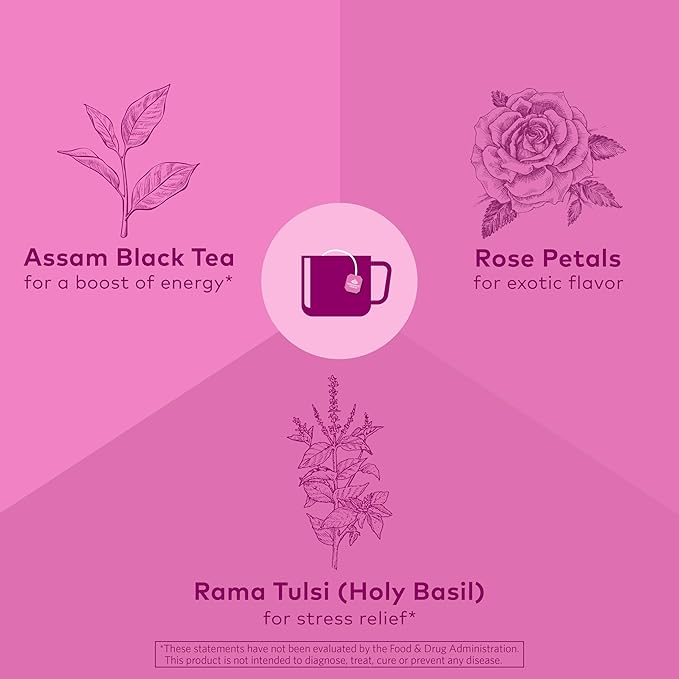 Organic India Tulsi Sweet Rose Assam Black Tea - Stress Relieving & Elevating, 17mg of Caffeine Per Cup, With Ayurvedic Herbs, Vegan, USDA Organic, Non-GMO - 18 Rose Tea Bags (Pack of 3)