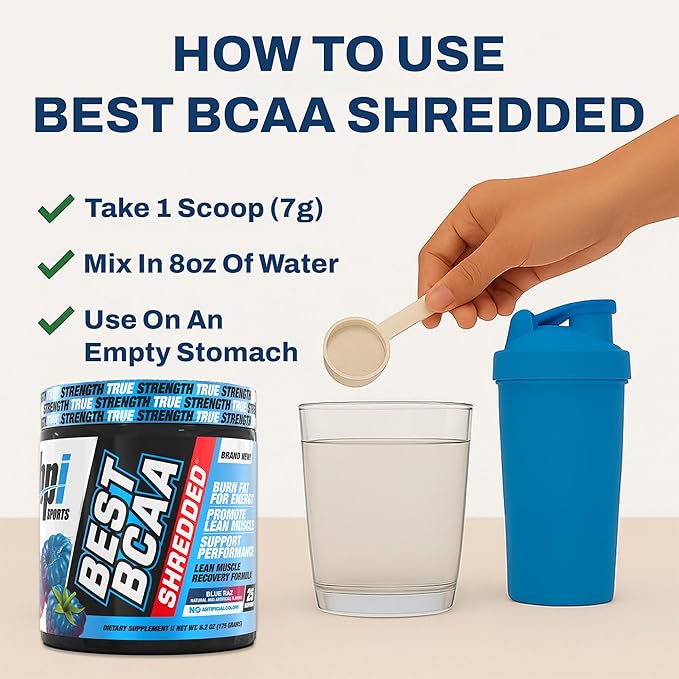 BPI Sports Best BCAA Shredded - Caffeine Free Thermogenic Recovery Drink, Lean Muscle Building BCAA Powder for Women and Men, Preworkout BCAAs Amino Acids Drink- Blue Raz - 25 Servings