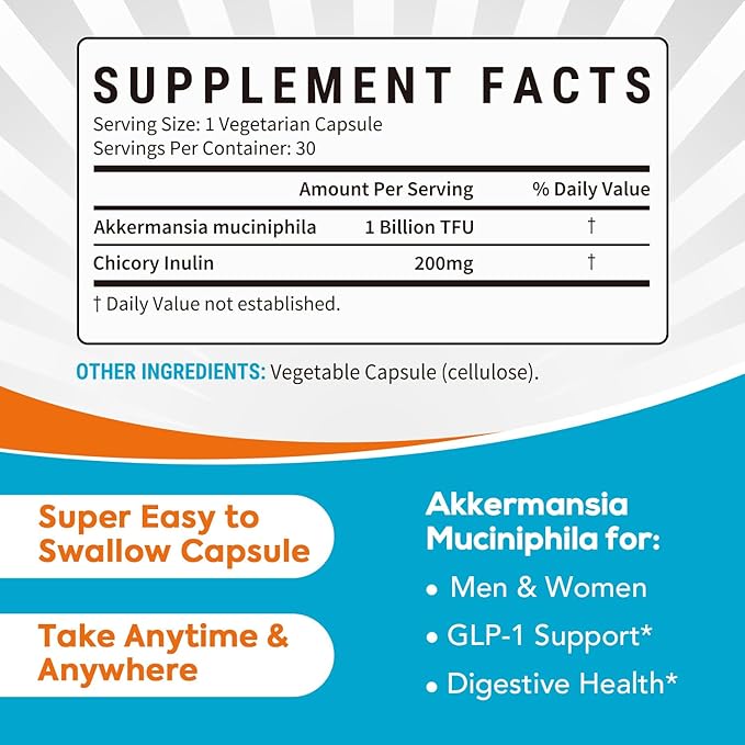 Akkermansia Probiotic GLP-1, 1 Billion TFU, Akkermansia Muciniphila with Prebiotic Inulin Fiber, Gut Health for Men & Women, Vegan, Non-GMO, 30 Caps