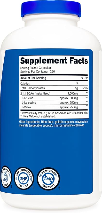 Nutricost BCAA 1000mg, 500 Capsules (250 Serv), 2:1:1 Branched Chain Amino Acids (500mg of L-Leucine, 250mg of L-Isoleucine and L-Valine) (2 Bottles)