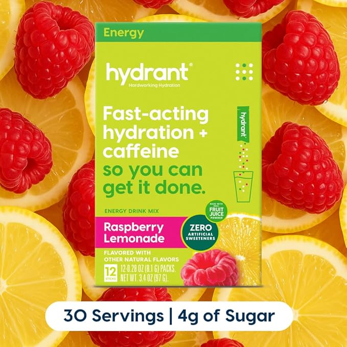 Hydrant Energy 12 Stick Pack, Caffeine & L-Theanine Rapid Hydration Mix, Electrolyte Hydration Powder Packets with Zinc (Raspberry Lemonade, 12 Count)