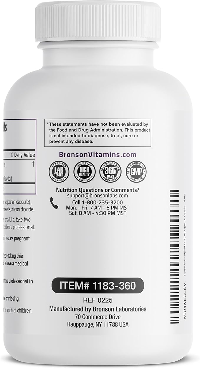 Bronson Elderberry Extra Strength, Supports Healthy Immune System & Antioxidant Protection, Non GMO, 360 Vegetarian Capsules