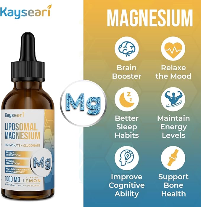High Strength Liposomal Magnesium Drops, Easily Absorbed Chelated Forms of Magnesium Bisglycinate and Magnesium Gluconate, Supports - Sleep Aid, Stress, Mood, Gut - 60ML Lemon Flavored Liquid Drops