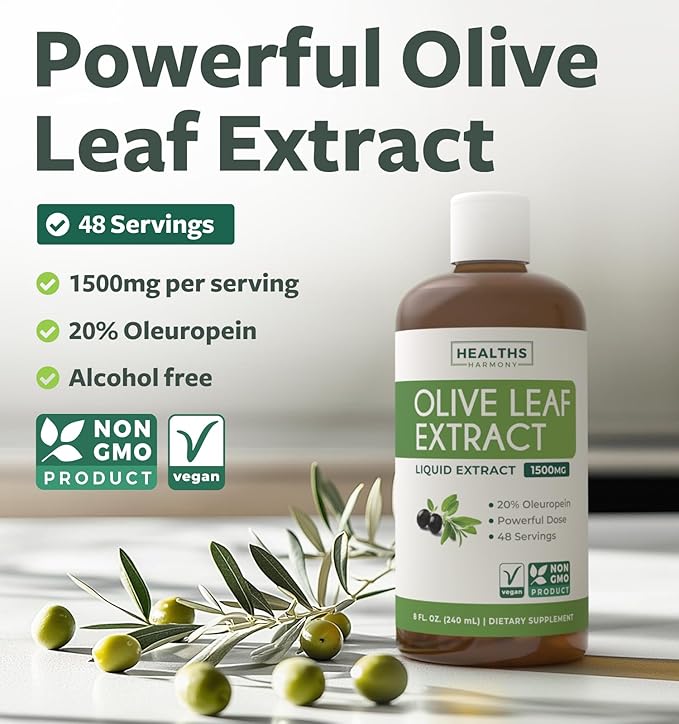 Olive Leaf Extract (Non-GMO) Super Strength: 20% Oleuropein - 1500mg - Vegetarian - Immune Support Supplement, Skin Health, and Powerful Antioxidants Supplement - Liquid Extract - 8 Fl Oz