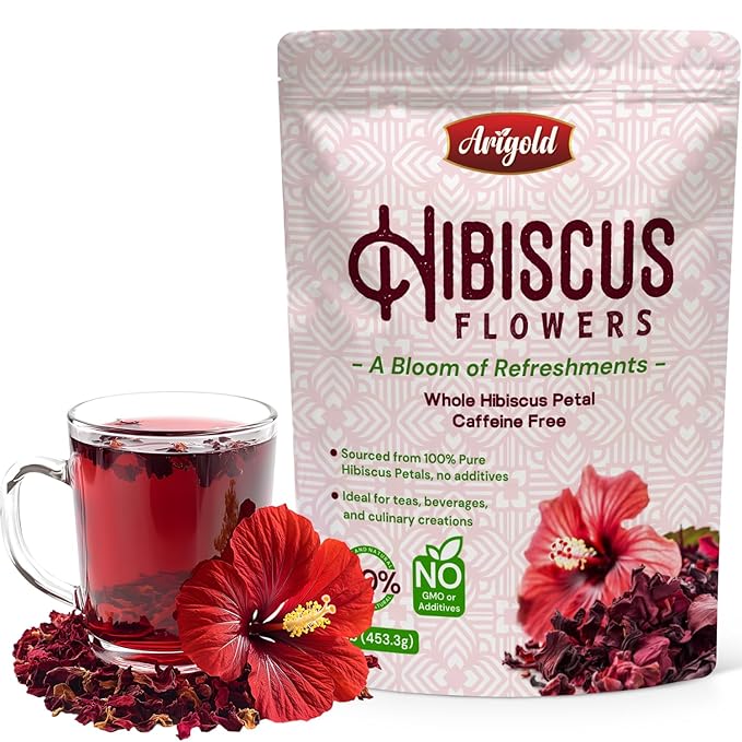 Arigold Pure Whole Petals Hibiscus Tea 1lb β Organic Dried Hibiscus Flowers,Flor de Jamaica, Hibiscus Sabdariffa, Bissap, Sorrel, hibiscus tea loose leaf Herbal Tea for Agua Fresca, Cocktails, Iced Tea & Hot Tea | Caffeine-Free & Rich in Antioxidants.