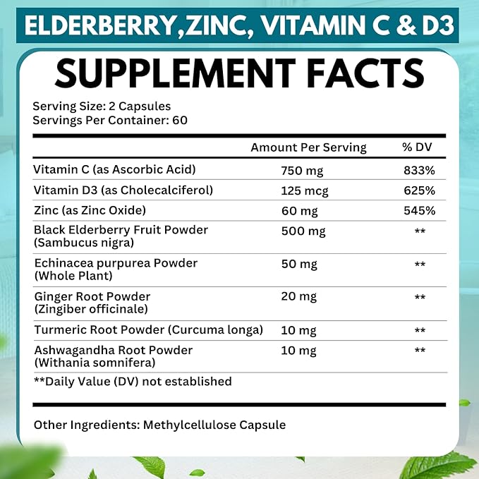 Elderberry Immune Support Supplement 8-in-1 Formula with Echinacea, Vitamin C & Zinc, Vitamin D 5000 IU, Turmeric, Ginger, Ashwagandha – 120 Capsules
