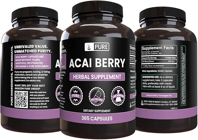 PURE ORIGINAL INGREDIENTS Acai Berry (365 Capsules) No Magnesium Or Rice Fillers, Always Pure, Lab Verified