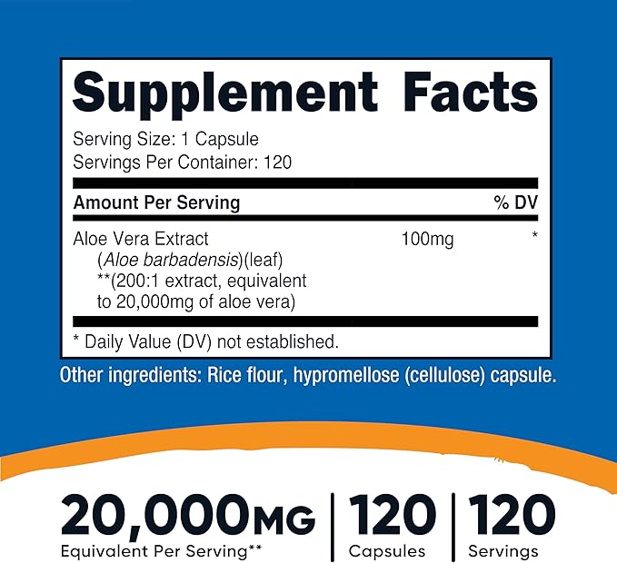 Nutricost Aloe Vera 20,000mg, 120 Capsules - Gluten Free, Non-GMO, Vegetarian Friendly (100mg of 200:1 Extract)