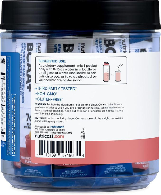 Nutricost BCAA+ Hydration Raspberry Lemonade (20 Stickpacks) - Branched Chain Amino Acids with Hydration Complex - Gluten-Free, Non-GMO