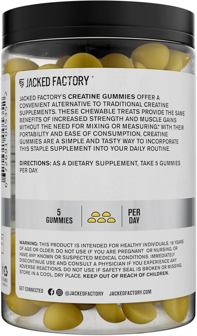 Jacked Factory Creatine Monohydrate Gummies 5g Daily Dose (1g per Gummy) - Creatine Gummy for Men and Women, Vegan-Friendly, Travel-Friendly, Third-Party Tested - 150 Gummies, Lemon
