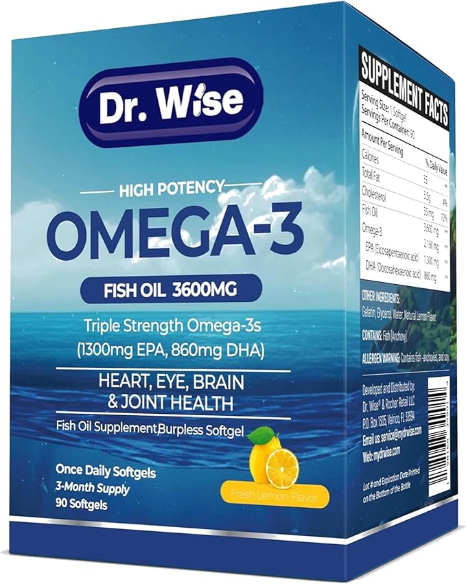 Triple Strength Omega 3 Fish Oil 3600mg β 1300mg EPA & 860mg DHA- Once Daily β Burpless Lemon Flavor, β Supports Heart, Brain, Joint & Eye Health β Wild Caught, Non-GMO, 90 Softgels, 3-Month Supply