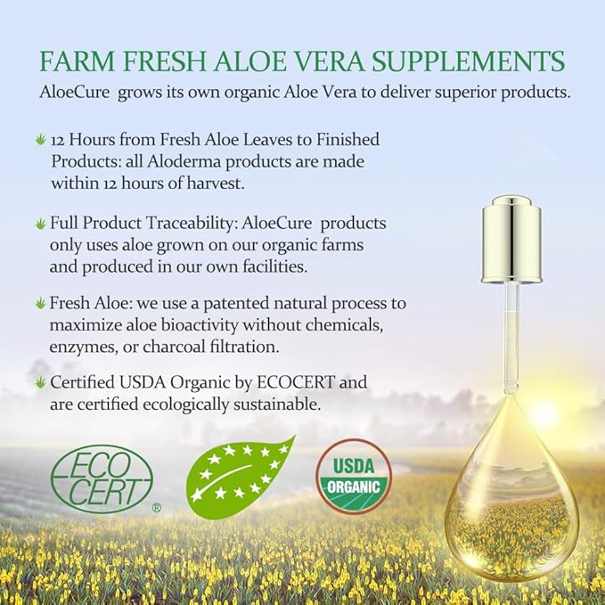 AloeCure USDA Organic Aloe Vera Juice Made Within 12 Hrs of Harvest - Pure Aloe Juice Natural Digestive Supplement to Support Digestion, Immune System and Balanced Stomach Acidity, 18 x 500ml Bottles