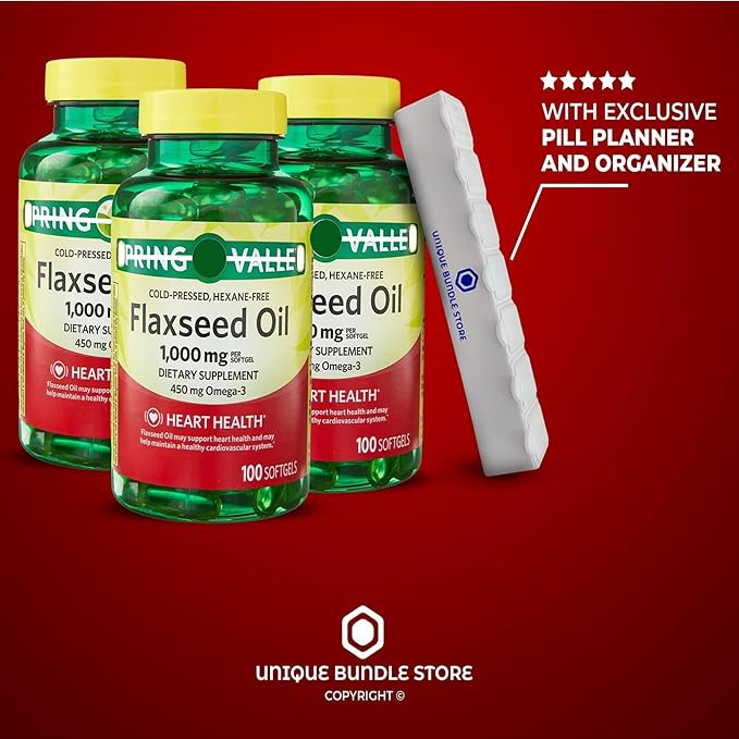 Flaxseed Oil 1000mg, 100 Softgels - Dietary Supplement + 7 Day Pill Organizer Included (Pack of 3)
