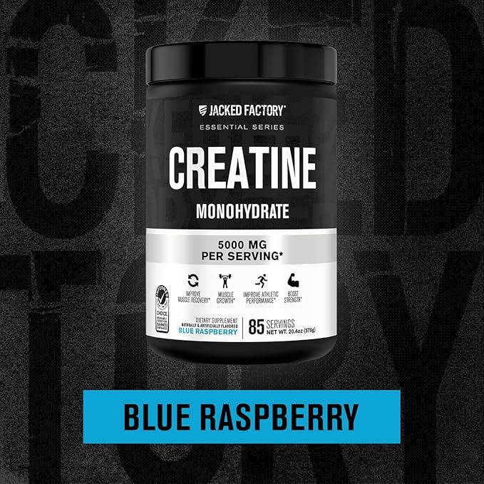 Jacked Factory Flavored Creatine Monohydrate Powder 425g - Creatine Supplement for Muscle Growth, Increased Strength, Enhanced Energy, & Improved Athletic Performance - 85 Servings, Blue Raspberry