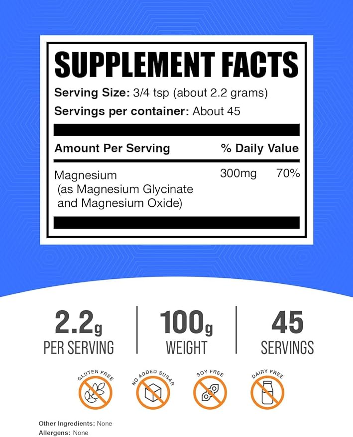 BulkSupplements.com Magnesium Glycinate Powder - Magnesium Glycinate 300mg, Highly Absorbable - Gluten Free, 2.2g per Serving, 100g (3.53 oz) (Pack of 1)