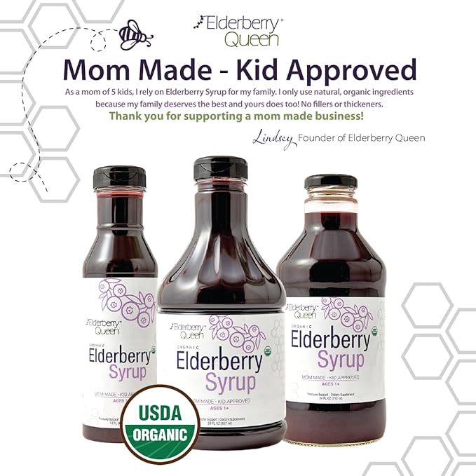 Elderberry Queen Organic Elderberry Syrup 12 Fl Oz - Immune Support Formula with Sambucus Black Elderberry & Aronia Berry - Pure Natural Certified Organic Elderberry Syrup for Kids and Adults