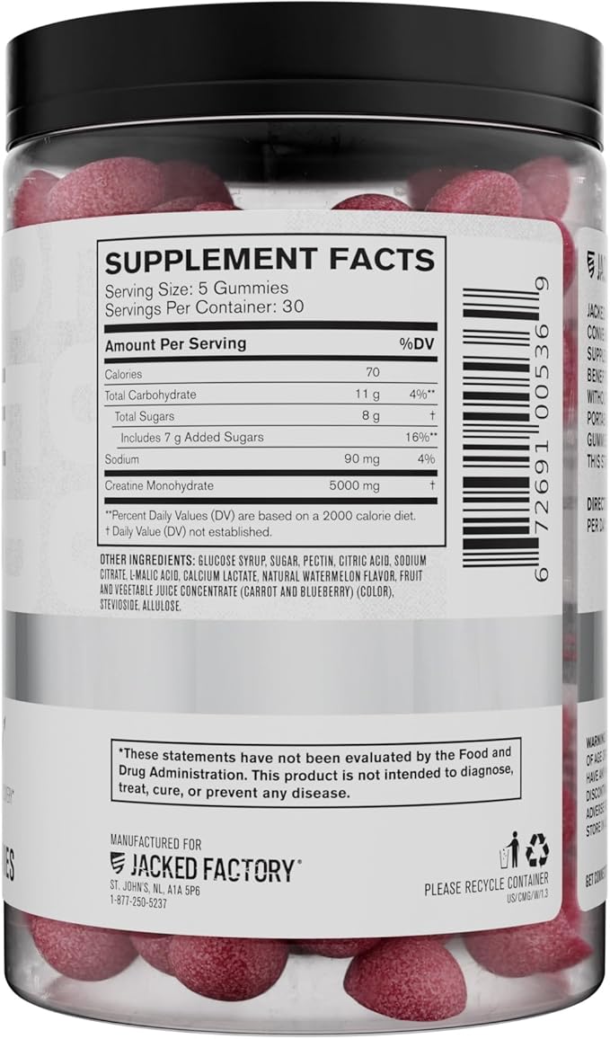 Jacked Factory Creatine Monohydrate Gummies 5g Daily Dose (1g per Gummy) - Creatine Gummy for Men and Women, Vegan-Friendly, Travel-Friendly, Third-Party Tested - 150 Gummies, Watermelon