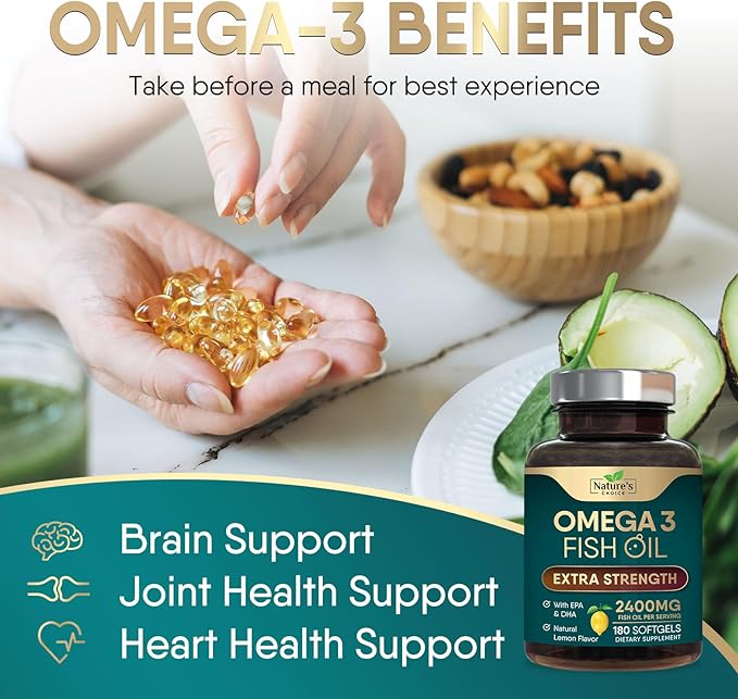 Omega 3 Fish Oil Supplement 2400 mg - Triple Strength EPA & DHA Fish Oil Omega 3, Essential Fatty Acids Supplement Softgels, Brain & Heart Health Support Supplements, Gluten Free Non-GMO, 180 Softgels