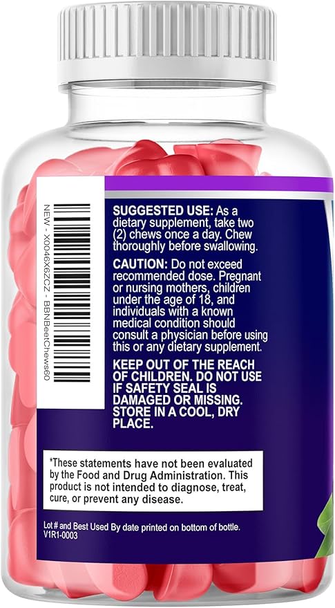 Built by Nature Heart Chews, Beet Root Nitric Oxide Blood Pressure Support, Grape Seed Extract & Non-GMO Beetroot Powder Energy Chews, Beets Heart Gummy Chews, Acai Berry Flavor, 60 Gummies