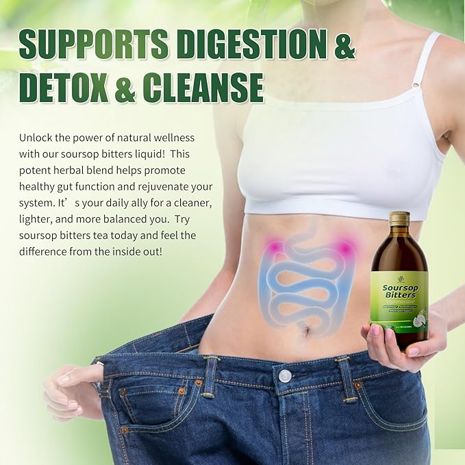 Soursop Bitters Liquid with Black Seed,Moringa & Turmeric for Digestive & Gut Cleanse, Antioxidant,Skin Health,Cell Regeneration,Immune & Mood Support,Pure 15 Herb Soursop Tea 16 fl oz
