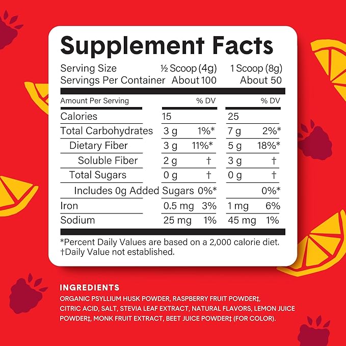 Bellway Super Fiber Powder + Fruit, Sugar Free Organic Psyllium Husk Powder Fiber Supplement for Regularity, Bloating Relief & Digestive Health, Plant-Based, Raspberry Lemon (50 Servings)