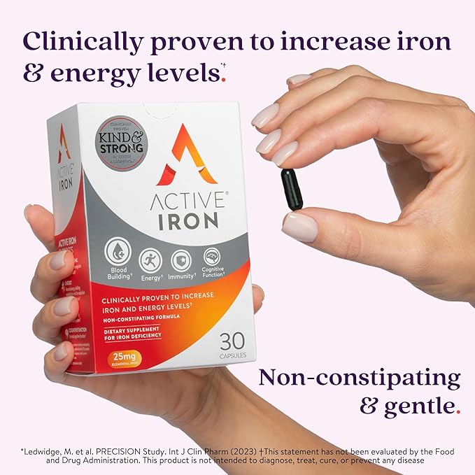 Iron Supplement 25mg – Clinically Proven to Increase Iron & Energy Levels – Gentle, Non-Constipating, Highly Absorbed – 30 Capsules