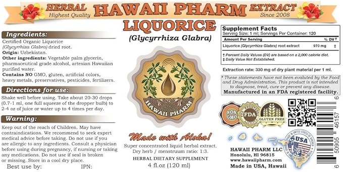 HawaiiPharm Liquorice Liquid Extract, Organic Liquorice (Glycyrrhiza Glabra) Tincture Supplement 4 oz