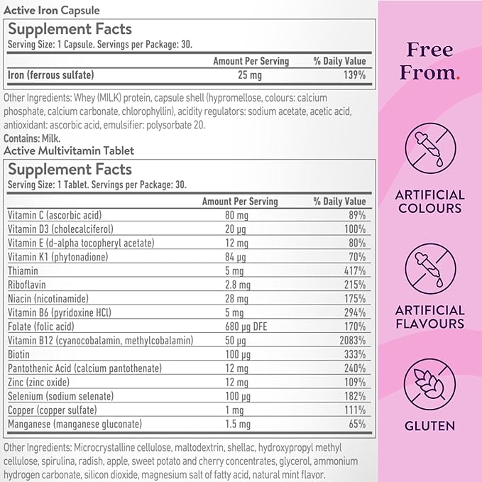 Iron Supplement 25mg + Multivitamin for Women – Clinically Proven to Increase Energy & Reduce Tiredness – Gentle, Non-Constipating Iron + Women’s Multivitamin – 60 Capsules + 60 Tablets