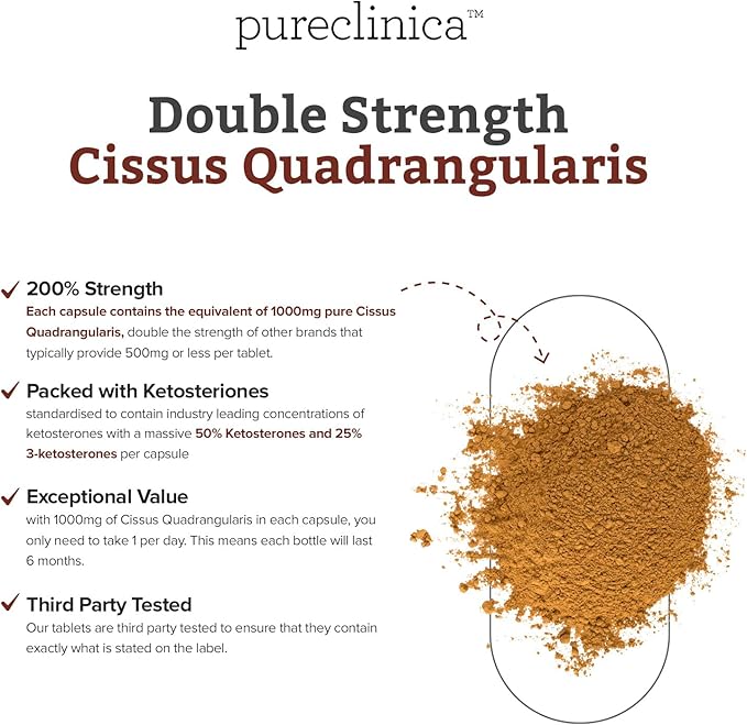 pureclinica Double Strength Cissus Quadrangularis 1000mg x 1080 Veggie Capsules(6 Bottles of 180)