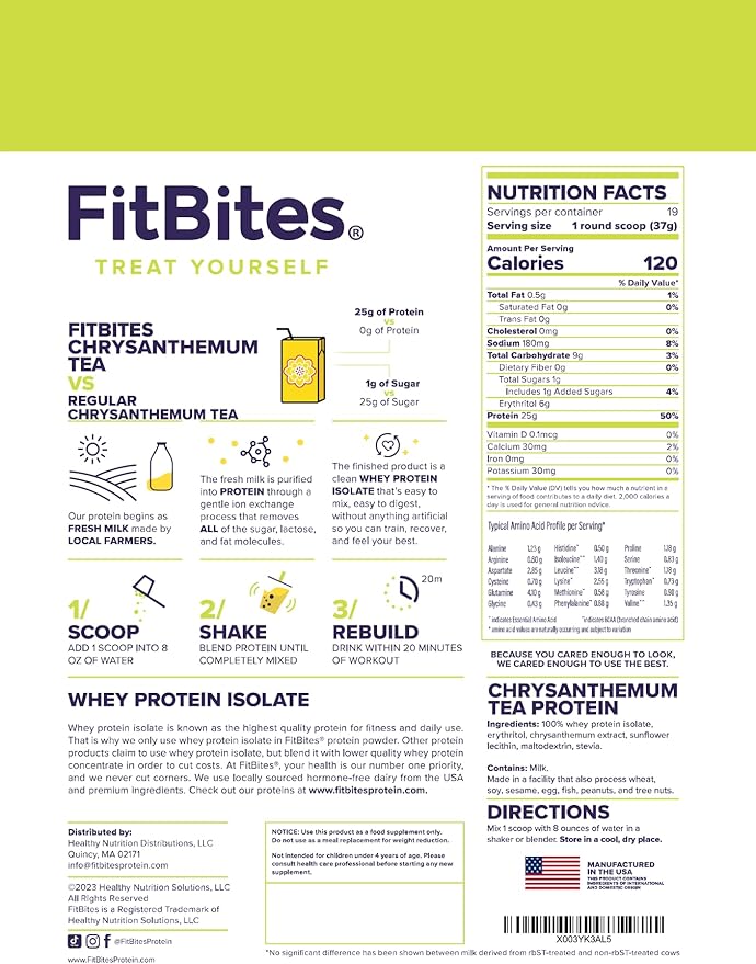 Boba Tea Protein Whey Protein Isolate (Chrysanthemum Tea), 5.9g BCAAs, Gluten Free, Zero, Sugar, Bubble Tea Protein Powder