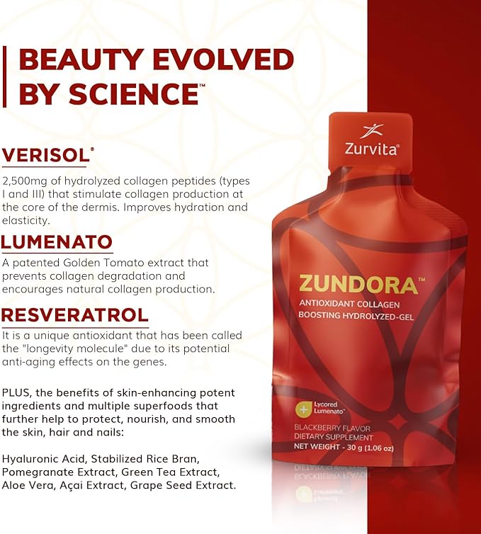 Zurvita - Zundora Collagen - Hydrolyzed-Gel for Healthy Hair, Skin & Nails - Beauty Boost with Verisol - BlackBerry Flavor - Travel Size - 30 Servings