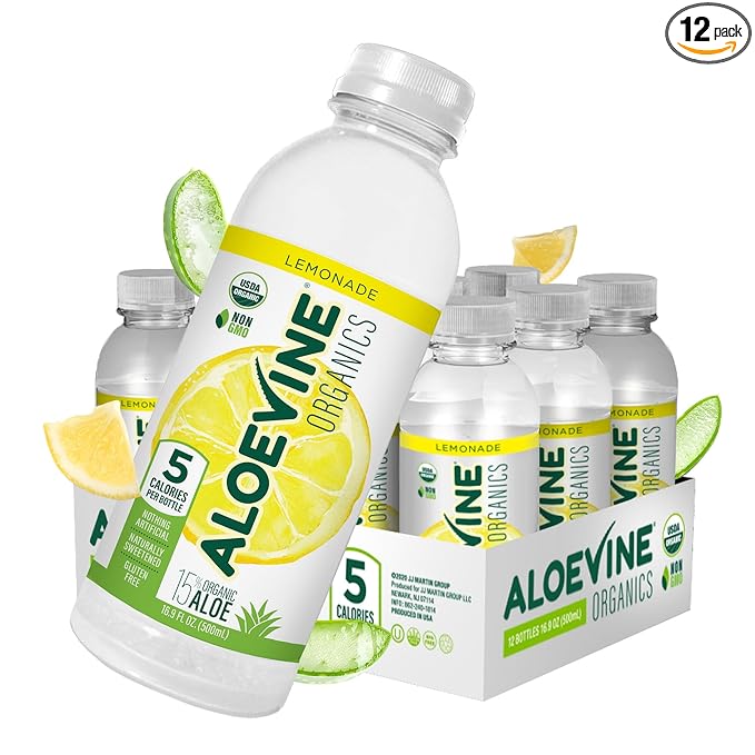 Aloe Vera Juice, No-Pulp Organic Aloe Vera Drink, Healthy Juice with Aloe Powder and Lemon Juice, 5 Calories, Low Sugar, No Artificial Ingredients, 16.9 oz, 12 Pack, Lemonade - Aloevine Organics