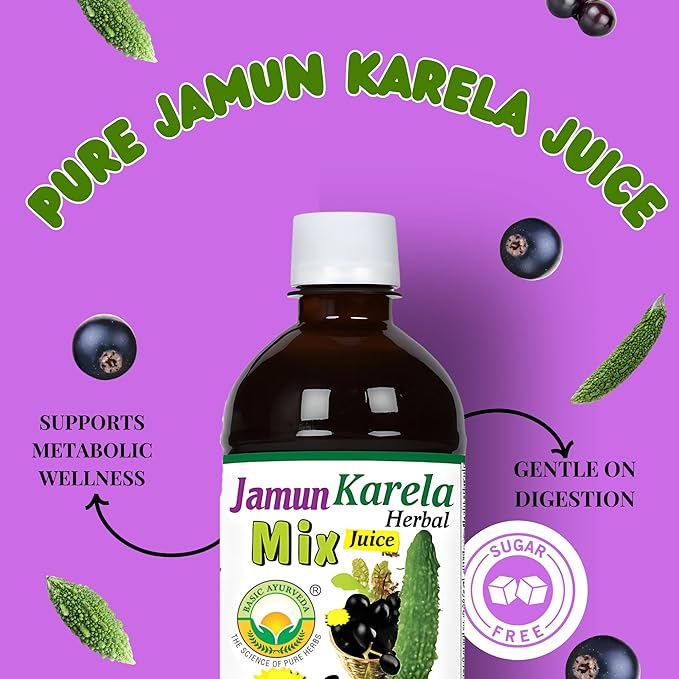 BASIC AYURVEDA Jamun Karela Herbal Mix Juice | Made with Indian BlackBerry & Bitter Gourd | Natural Herbal Blend for Skin & Eye Care | Supports Oral Health & Cleansing | 16.23 Fl Oz (480ml)