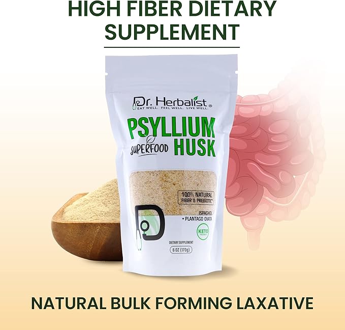 Dr. Herbalist Psyllium Husk Powder 170g (6oz) | Organic Natural Fiber Supplement | Keto-Friendly Isabgol Powder for Digestive Support & Daily Wellness