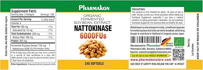 PHARMAKON Nattokinase, Bioavailable Soft Capsules, Organic Fermented Soybean Extract, 6000 FUs per Serving