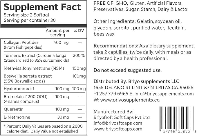 Briyo Joint Health Supplement All Around Joint Guard- with Collagen, Hyaluronic Acid, MSM & Boswellia, Quercetin, Bromelain and More for Cartilage, Joint Health & Flexibility, 30 Capsules