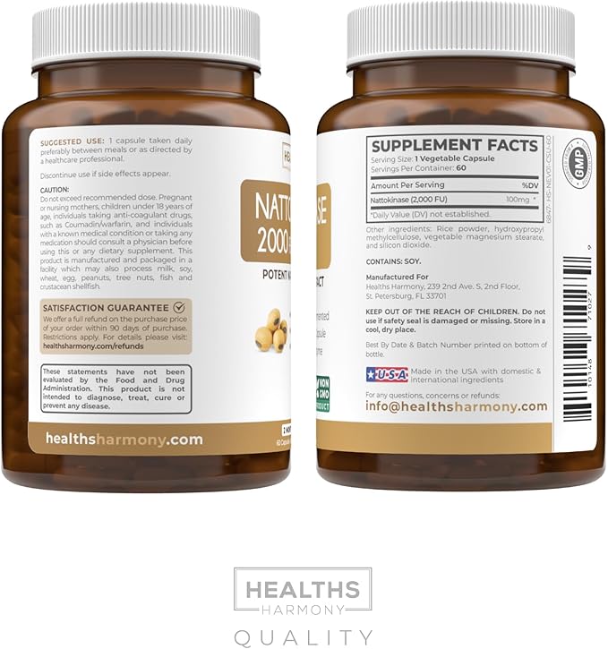 Healths Harmony Nattokinase 2000 FU (Non-GMO) Powerful Nattokinase Supplement Made from Naturally Fermented Soybeans - (2 Month Supply) 60 Vegan Natto Capsules