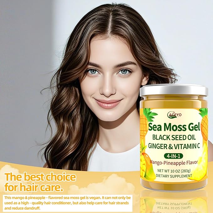 ACEYO Sea Moss Gel - Wildcrafted Irish Sea Moss with Black Seed Oil & Ginger,Rich in Minerals & Vitamins,Immunity & Health Support,Non-GMO, Vegan,Mango Pineapple Flavor,10 oz (Pack of 1)