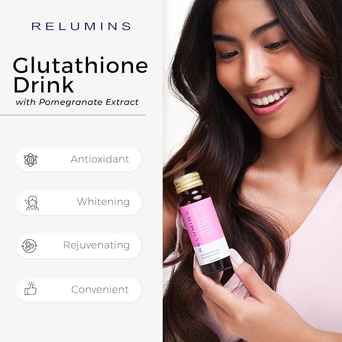 Relumins Glutathione Drink - Helps Promote Brighter, Boosts Skin Collagen Content, Increases Moisture for a Younger Looking Skin - Pomegranate Flavor, 50mL x 20 Gluta Shot Bottles