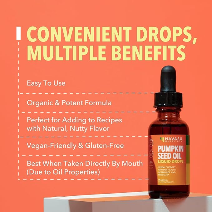 Pumpkin Seed Oil - USDA Organic - Cold Pressed for Hair, Prostate, and Hormone Support - 2 Month Supply - Liquid Drops for Men and Women - Vegan, Non-GMO, and Gluten Free - Unflavored, 1 Fl Oz