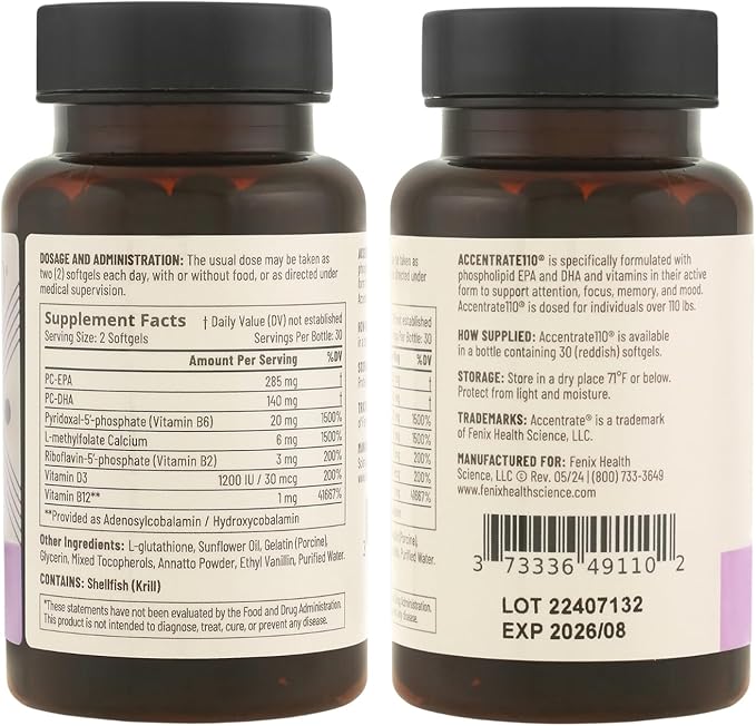 Accentrate110 - Focus Supplement - Methylated Vitamin B Complex with Omega 3 Fatty Acid Supplement - L-Methylfolate, Vitamin B12, P-5-P, Riboflavin, VIT D, – 60 Softgels (1 Month Supply)