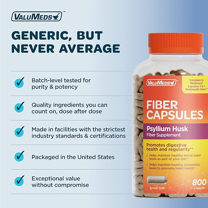 ValuMeds Psyllium Husk Daily Fiber 520mg Capsules Nurtitional Supplement Soluble Dietary Colon Support, Sugar Free for Adults (Men and Women) (800 Count)